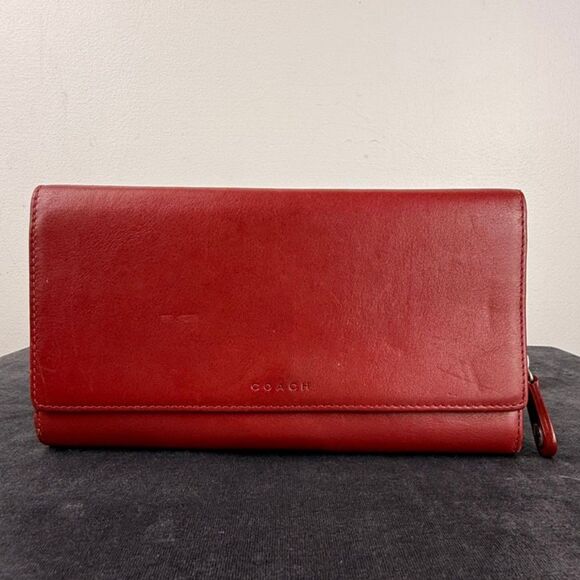 Vintage Coach Red Leather Wallet – Tri-Fold Clutch w/ Checkbook Sleeve - Picture 1 of 11